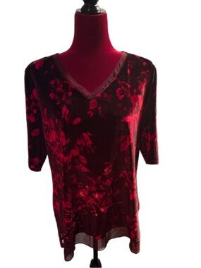 H by Halston Red and Burgundy Floral Velvet V-Neck Top